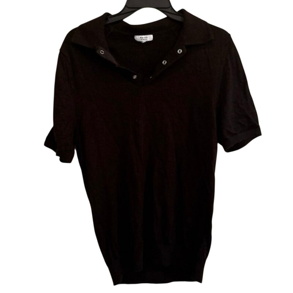 Reiss Mens Large Black Burgundy Merino Wool Polo EUC Short Sleeve Collared Snap